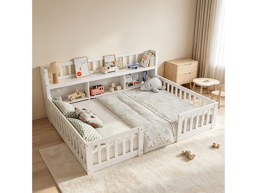 Lit pour enfants - 140 x 200cm - Lit en bois massif avec grille de rangement en couches - Lit bas du plancher au plafond avec rails de sécurité de protection complè