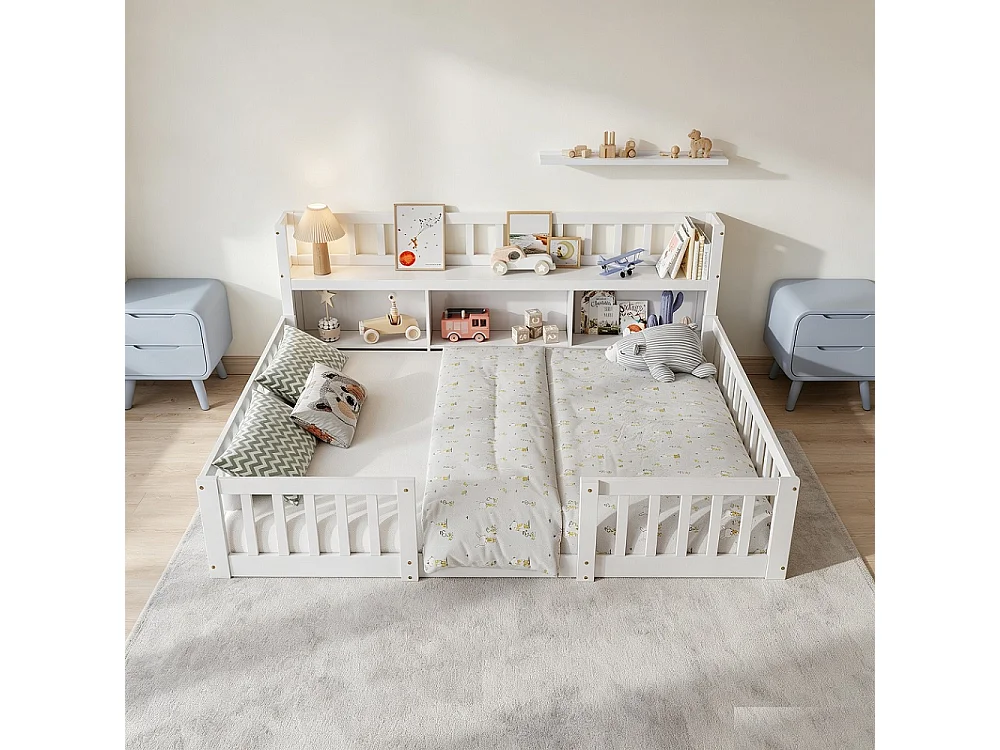 Lit pour enfants - 140 x 200cm - Lit en bois massif avec grille de rangement en couches - Lit bas du plancher au plafond avec rails de sécurité de protection complè