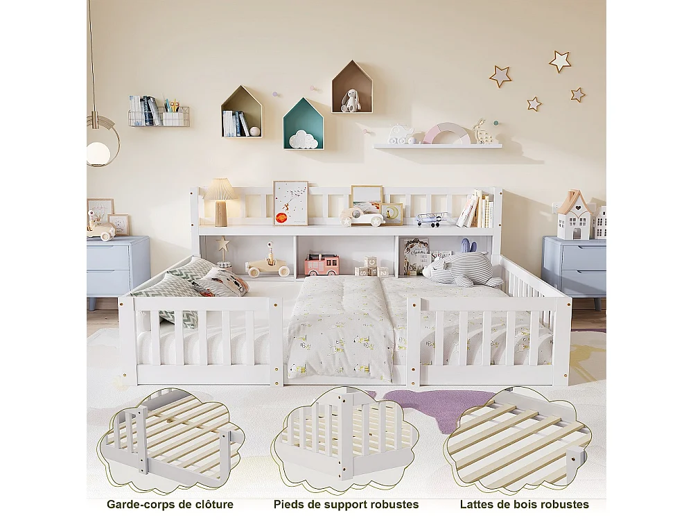 Lit pour enfants - 140 x 200cm - Lit en bois massif avec grille de rangement en couches - Lit bas du plancher au plafond avec rails de sécurité de protection complè