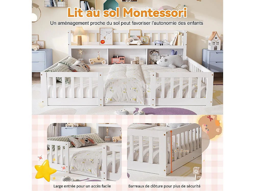 Lit pour enfants - 140 x 200cm - Lit en bois massif avec grille de rangement en couches - Lit bas du plancher au plafond avec rails de sécurité de protection complè