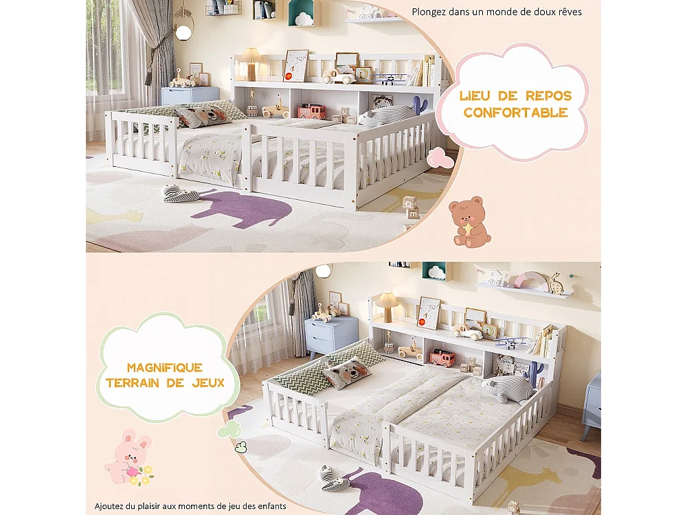 Lit pour enfants - 140 x 200cm - Lit en bois massif avec grille de rangement en couches - Lit bas du plancher au plafond avec rails de sécurité de protection complè