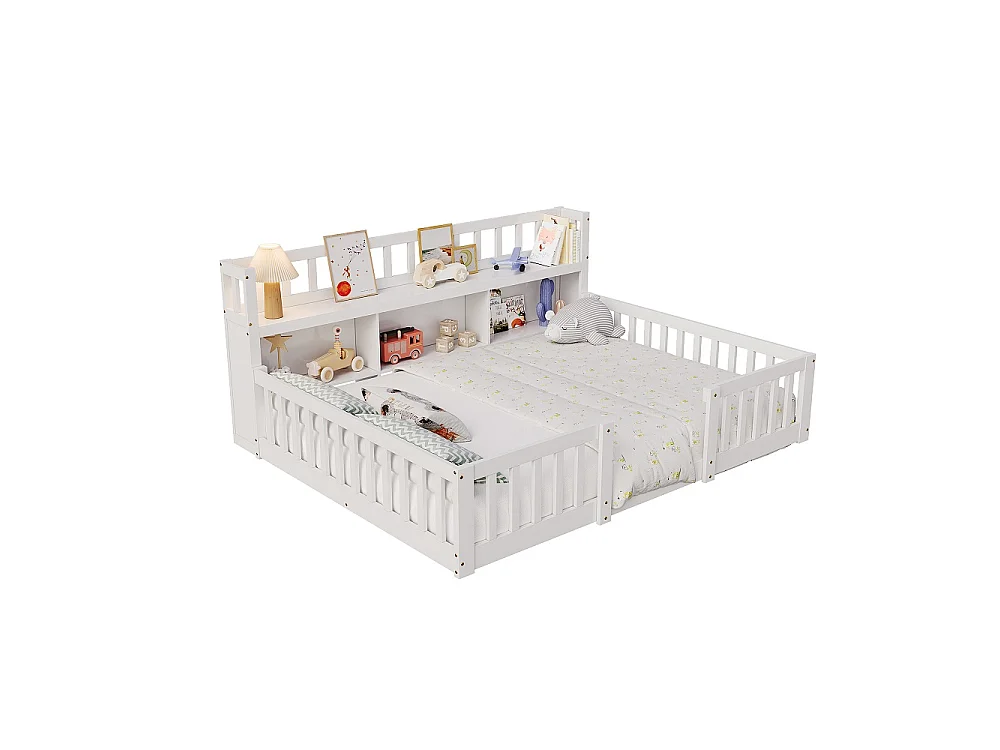Lit pour enfants - 140 x 200cm - Lit en bois massif avec grille de rangement en couches - Lit bas du plancher au plafond avec rails de sécurité de protection complè