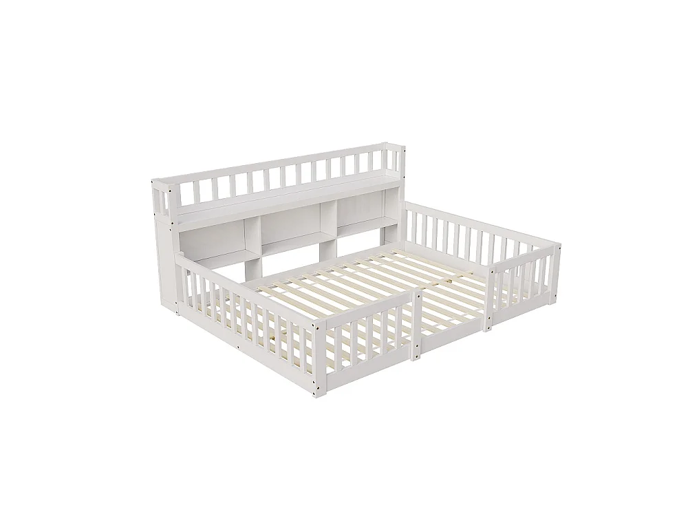 Lit pour enfants - 140 x 200cm - Lit en bois massif avec grille de rangement en couches - Lit bas du plancher au plafond avec rails de sécurité de protection complè