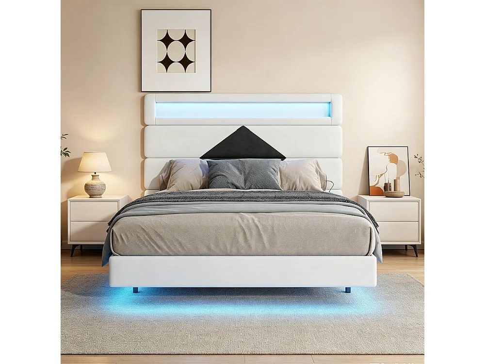 Lit rembourré - 140 x 190 cm - Lit double avec LED et station de charge - Lit flottant à tête réglable - Tissu velours - Beige + noir