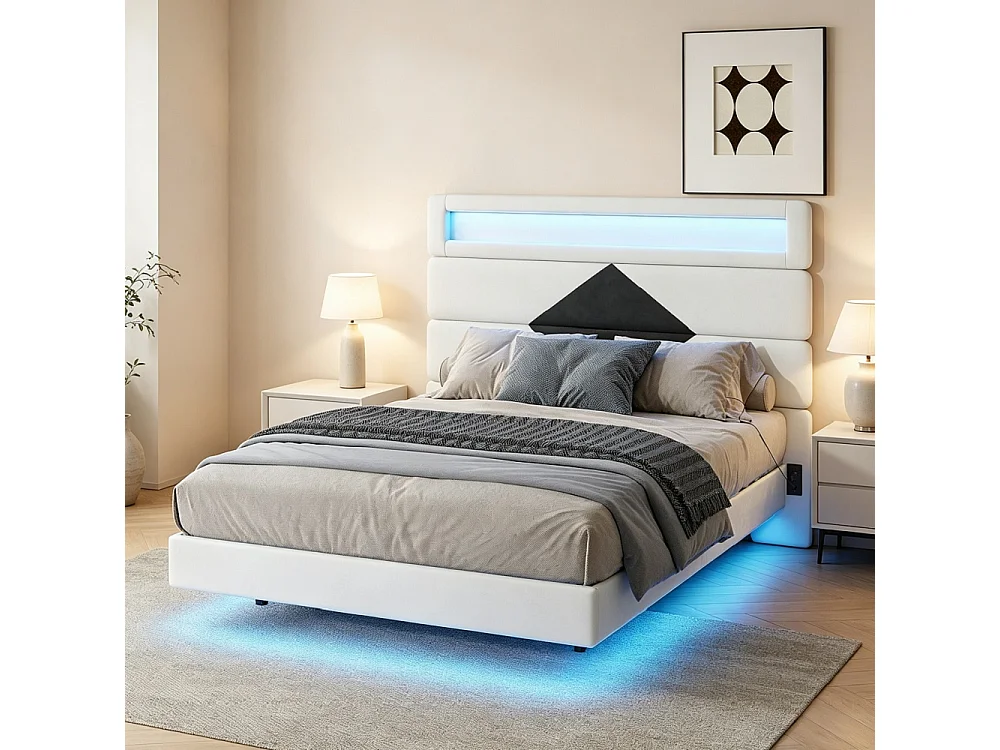 Lit rembourré - 140 x 190 cm - Lit double avec LED et station de charge - Lit flottant à tête réglable - Tissu velours - Beige + noir