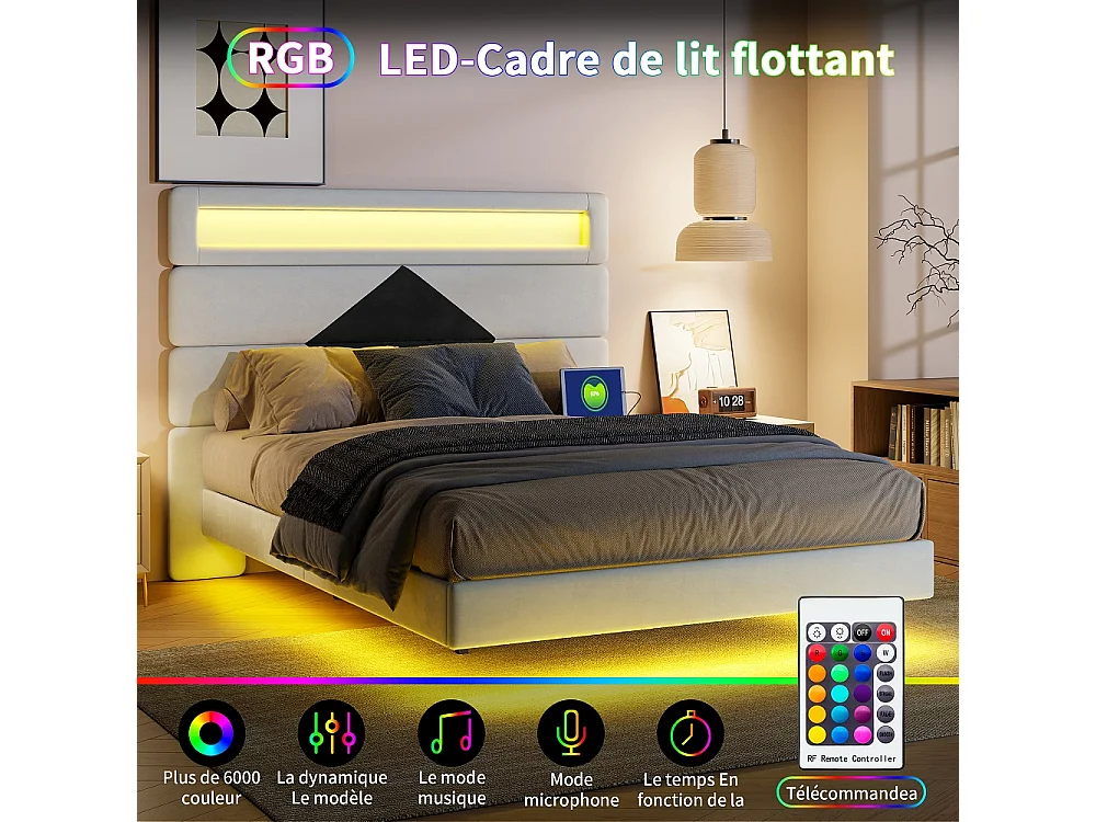 Lit rembourré - 140 x 190 cm - Lit double avec LED et station de charge - Lit flottant à tête réglable - Tissu velours - Beige + noir