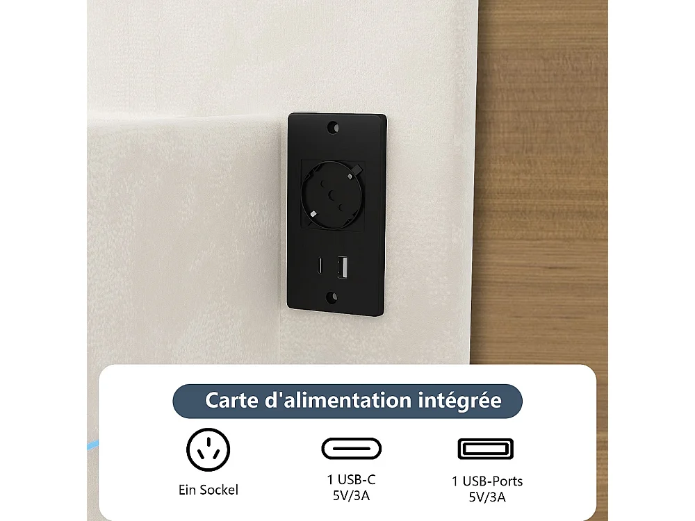 Lit rembourré - 140 x 190 cm - Lit double avec LED et station de charge - Lit flottant à tête réglable - Tissu velours - Beige + noir
