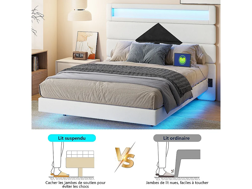 Lit rembourré - 140 x 190 cm - Lit double avec LED et station de charge - Lit flottant à tête réglable - Tissu velours - Beige + noir