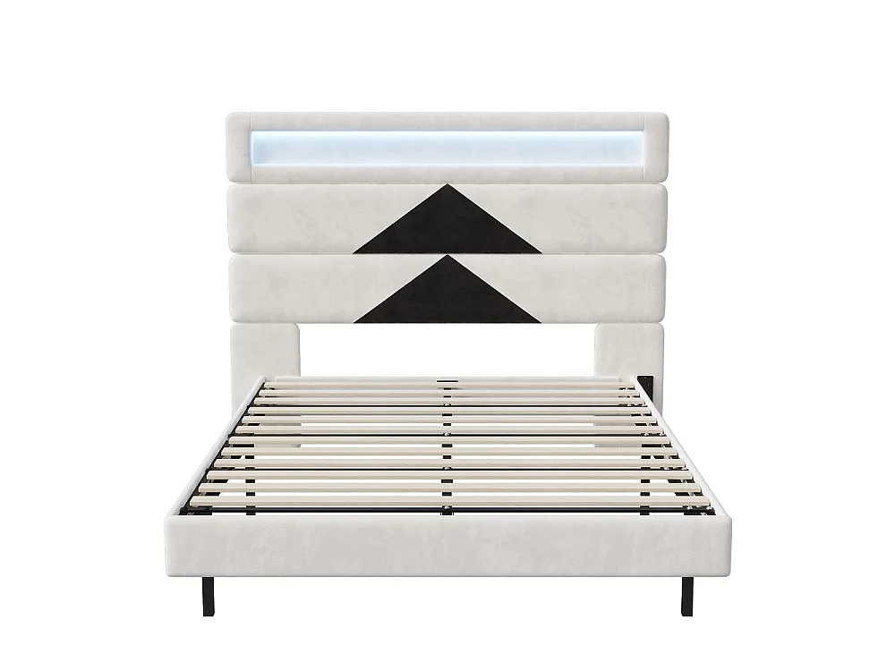 Lit rembourré - 140 x 190 cm - Lit double avec LED et station de charge - Lit flottant à tête réglable - Tissu velours - Beige + noir