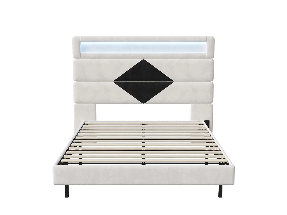 Lit rembourré - 140 x 190 cm - Lit double avec LED et station de charge - Lit flottant à tête réglable - Tissu velours - Beige + noir