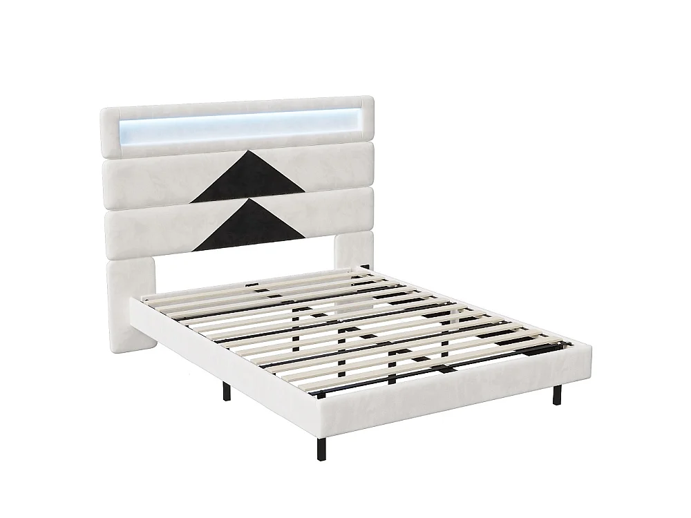 Lit rembourré - 140 x 190 cm - Lit double avec LED et station de charge - Lit flottant à tête réglable - Tissu velours - Beige + noir