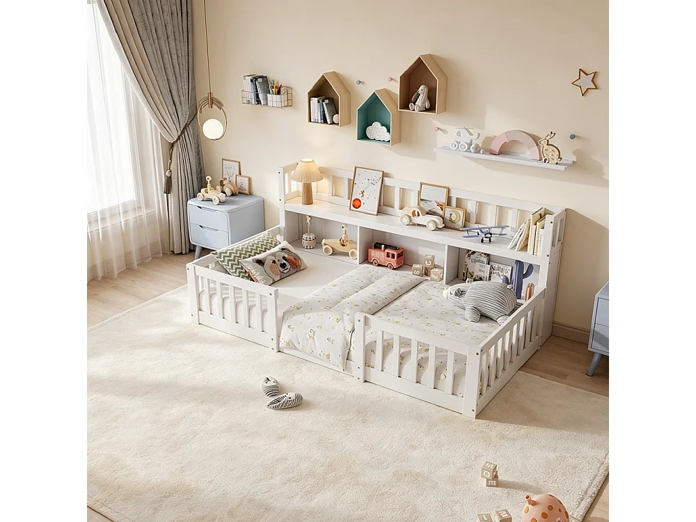 Lit pour enfants - 90 x 200cm - Lit en bois massif avec grille de rangement en couches - Lit bas du plancher au plafond avec rails de sécurité de protection complèt