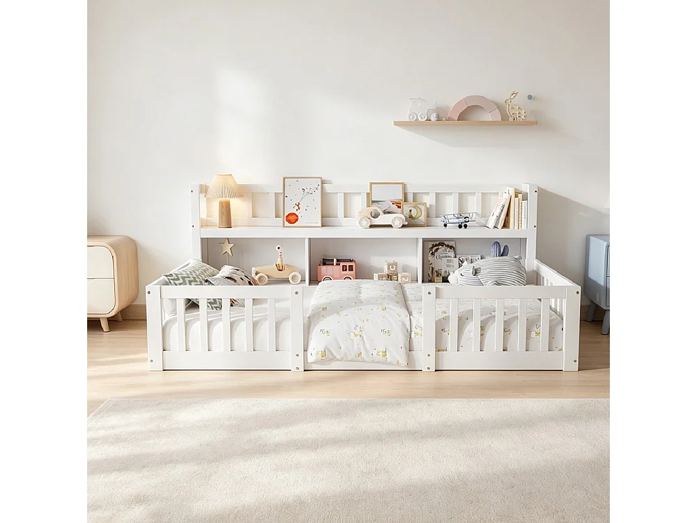 Lit pour enfants - 90 x 200cm - Lit en bois massif avec grille de rangement en couches - Lit bas du plancher au plafond avec rails de sécurité de protection complèt