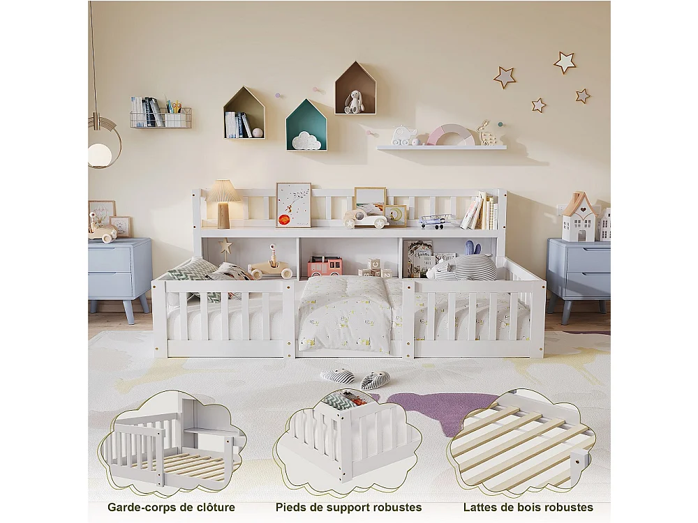 Lit pour enfants - 90 x 200cm - Lit en bois massif avec grille de rangement en couches - Lit bas du plancher au plafond avec rails de sécurité de protection complèt