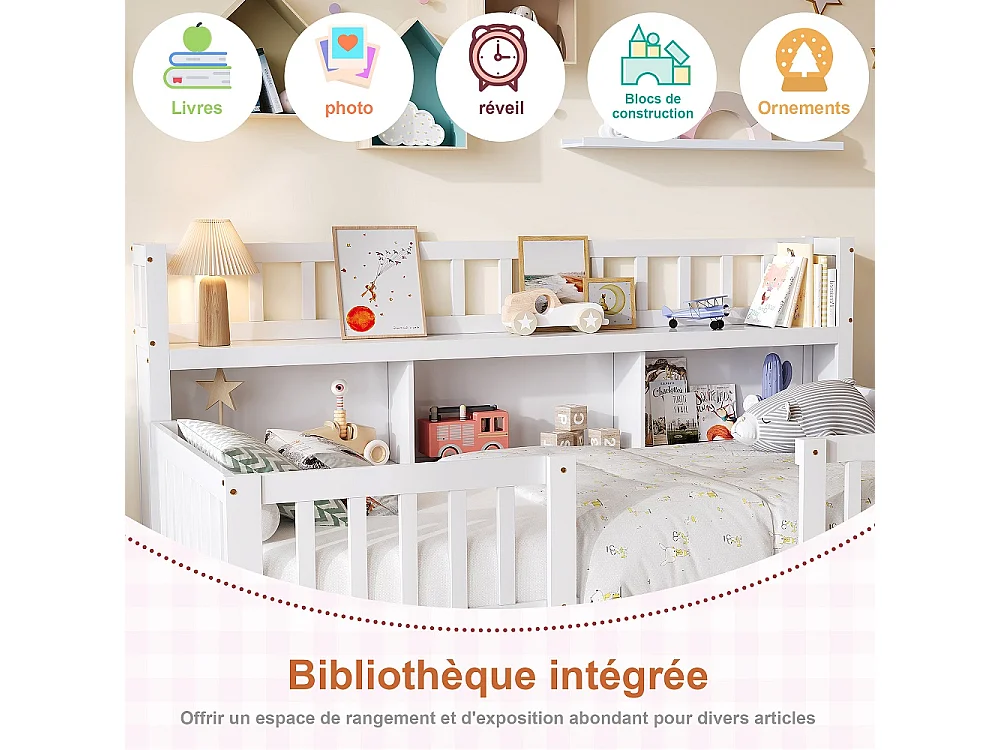 Lit pour enfants - 90 x 200cm - Lit en bois massif avec grille de rangement en couches - Lit bas du plancher au plafond avec rails de sécurité de protection complèt
