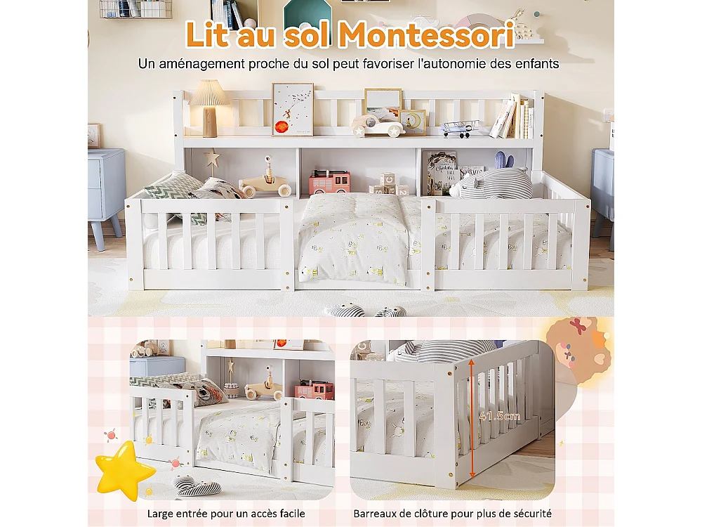 Lit pour enfants - 90 x 200cm - Lit en bois massif avec grille de rangement en couches - Lit bas du plancher au plafond avec rails de sécurité de protection complèt
