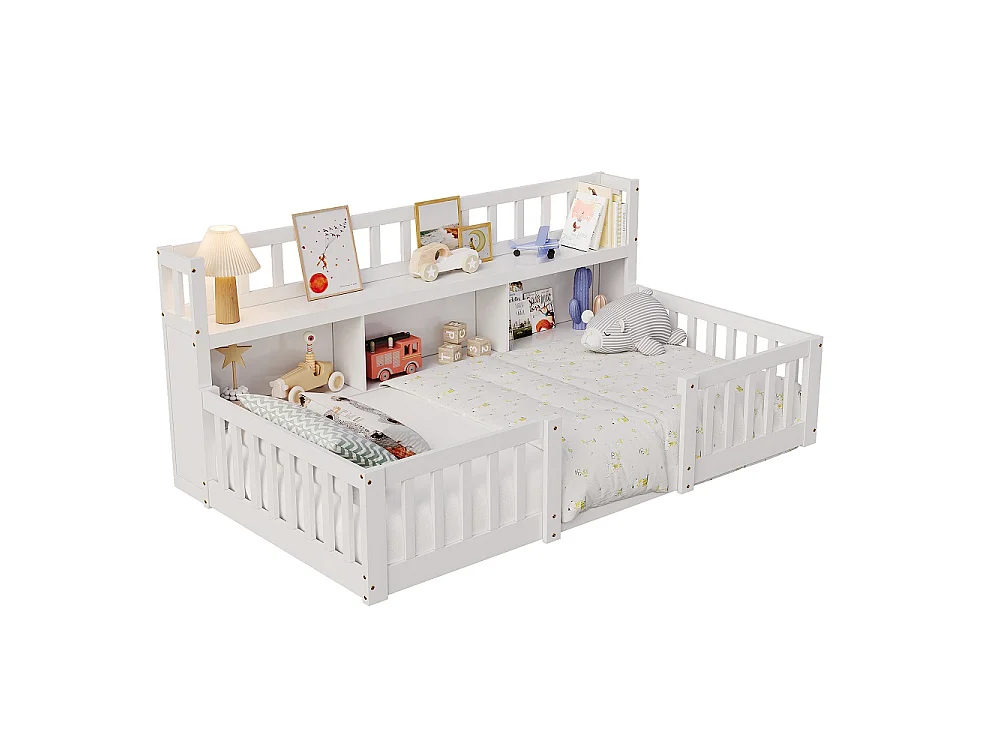 Lit pour enfants - 90 x 200cm - Lit en bois massif avec grille de rangement en couches - Lit bas du plancher au plafond avec rails de sécurité de protection complèt
