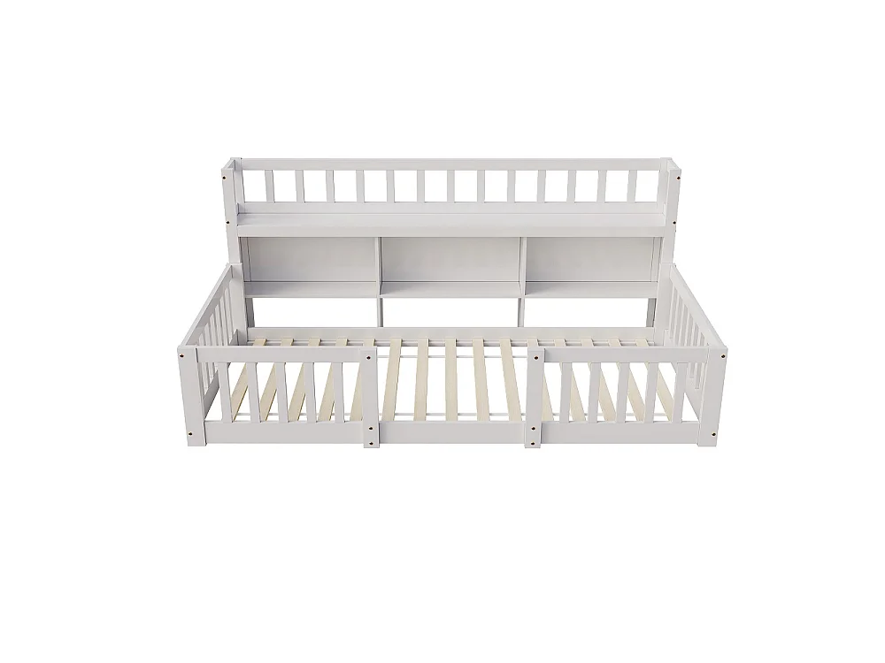 Lit pour enfants - 90 x 200cm - Lit en bois massif avec grille de rangement en couches - Lit bas du plancher au plafond avec rails de sécurité de protection complèt