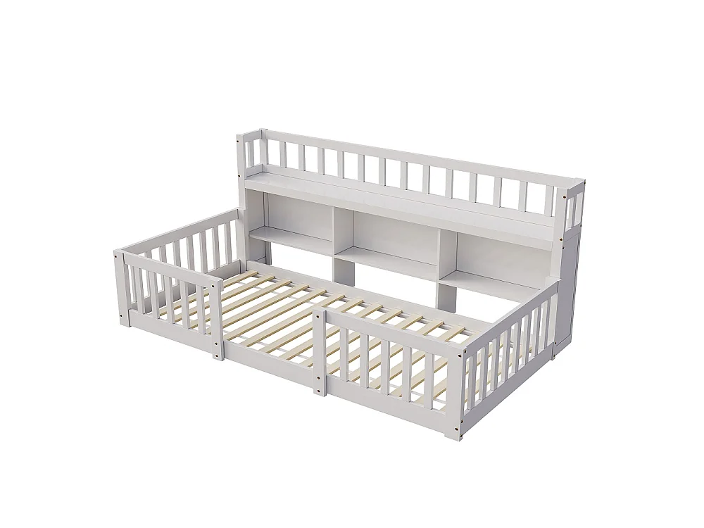 Lit pour enfants - 90 x 200cm - Lit en bois massif avec grille de rangement en couches - Lit bas du plancher au plafond avec rails de sécurité de protection complèt