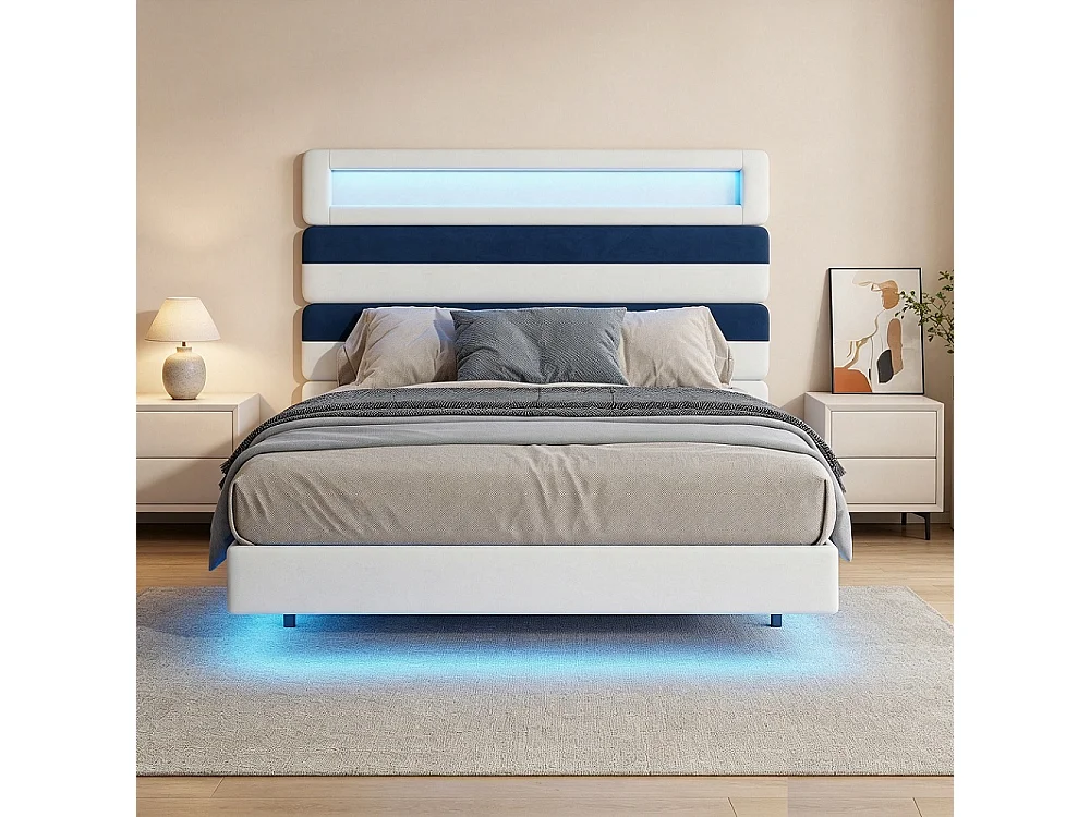 Lit rembourré - 140 x 190 cm - Lit double avec LED et station de charge - Lit flottant à tête réglable - Tissu velours - Beige + bleu