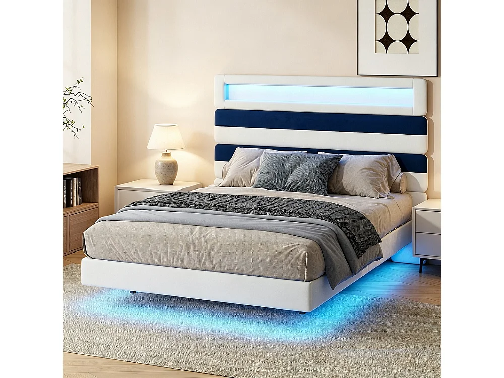 Lit rembourré - 140 x 190 cm - Lit double avec LED et station de charge - Lit flottant à tête réglable - Tissu velours - Beige + bleu
