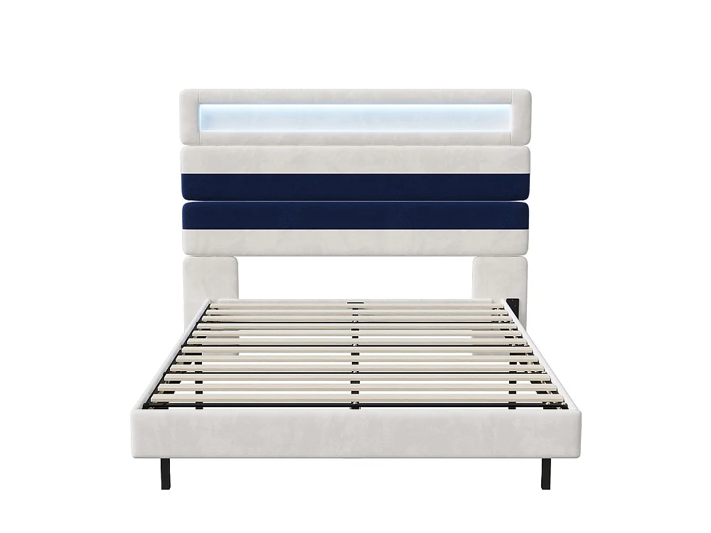 Lit rembourré - 140 x 190 cm - Lit double avec LED et station de charge - Lit flottant à tête réglable - Tissu velours - Beige + bleu