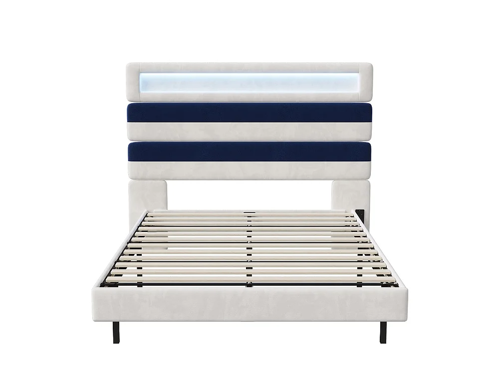 Lit rembourré - 140 x 190 cm - Lit double avec LED et station de charge - Lit flottant à tête réglable - Tissu velours - Beige + bleu