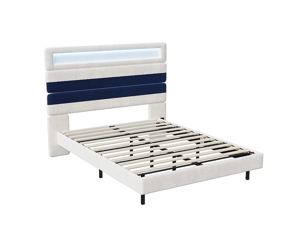 Lit rembourré - 140 x 190 cm - Lit double avec LED et station de charge - Lit flottant à tête réglable - Tissu velours - Beige + bleu