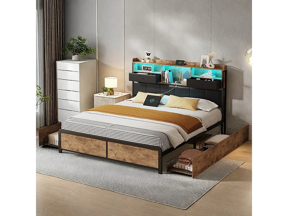 Lit en métal - 140 x 200 cm - Lit de rangement avec 4 tiroirs - Lit double avec tiroirs LED Cabinet et station de charge - pu - marron