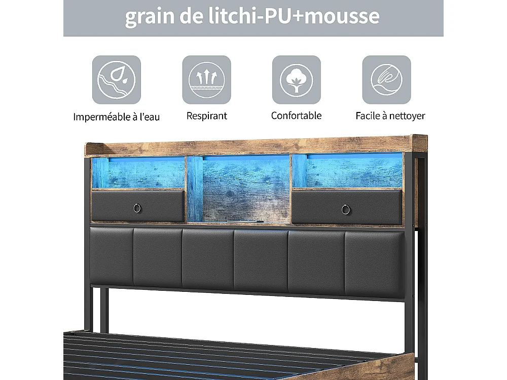 Lit en métal - 140 x 200 cm - Lit de rangement avec 4 tiroirs - Lit double avec tiroirs LED Cabinet et station de charge - pu - marron