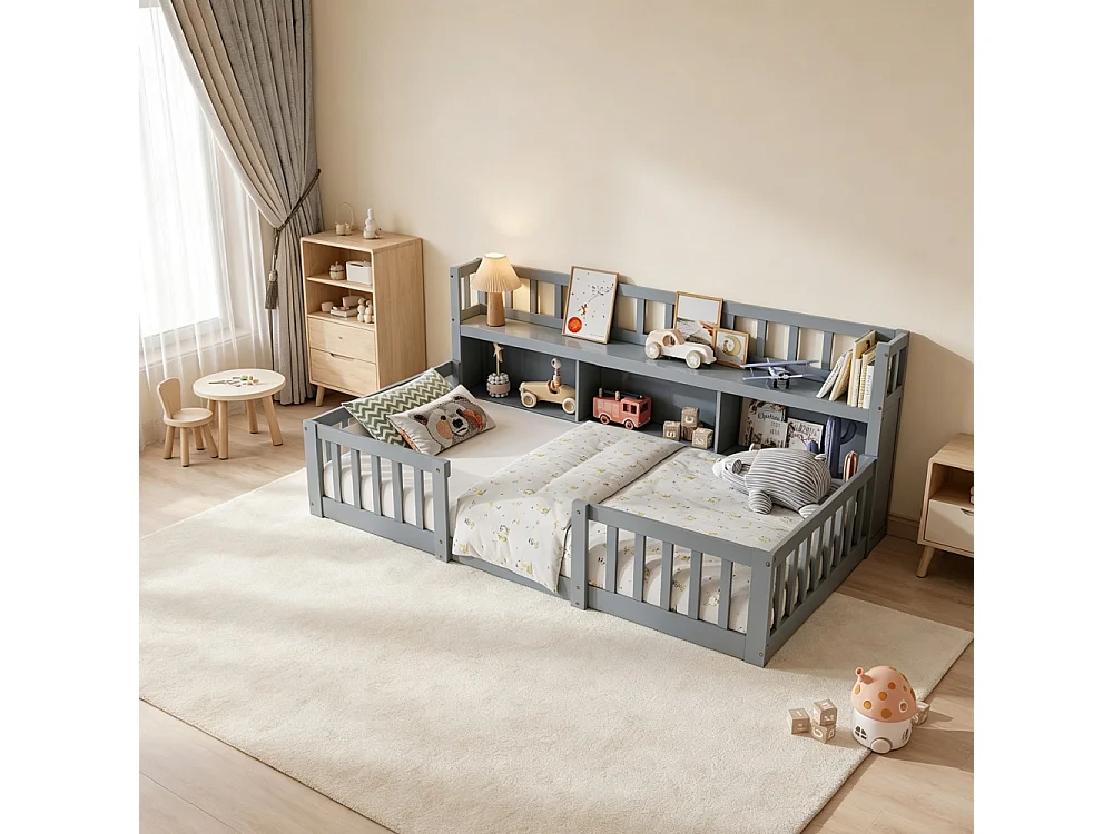 Lit pour enfants - 90 x 200cm - Lit en bois massif avec grille de rangement en couches - Lit bas du plancher au plafond avec rails de sécurité de protection complèt