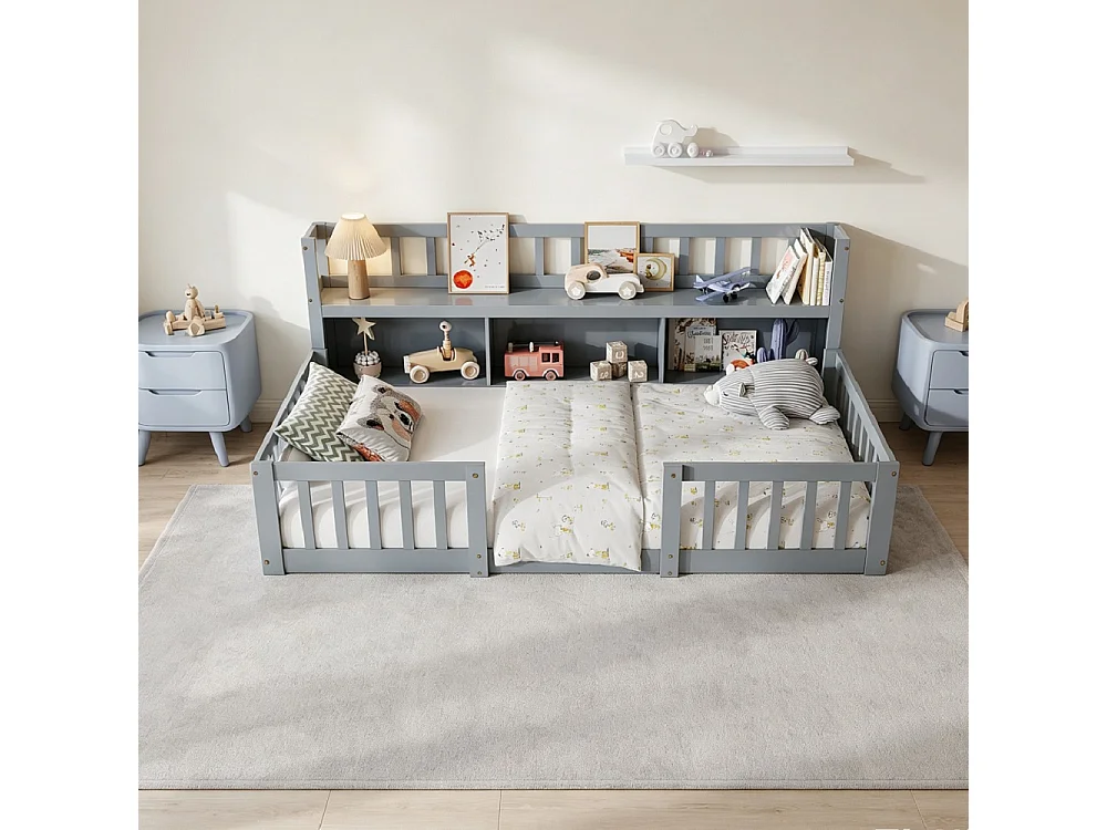 Lit pour enfants - 90 x 200cm - Lit en bois massif avec grille de rangement en couches - Lit bas du plancher au plafond avec rails de sécurité de protection complèt