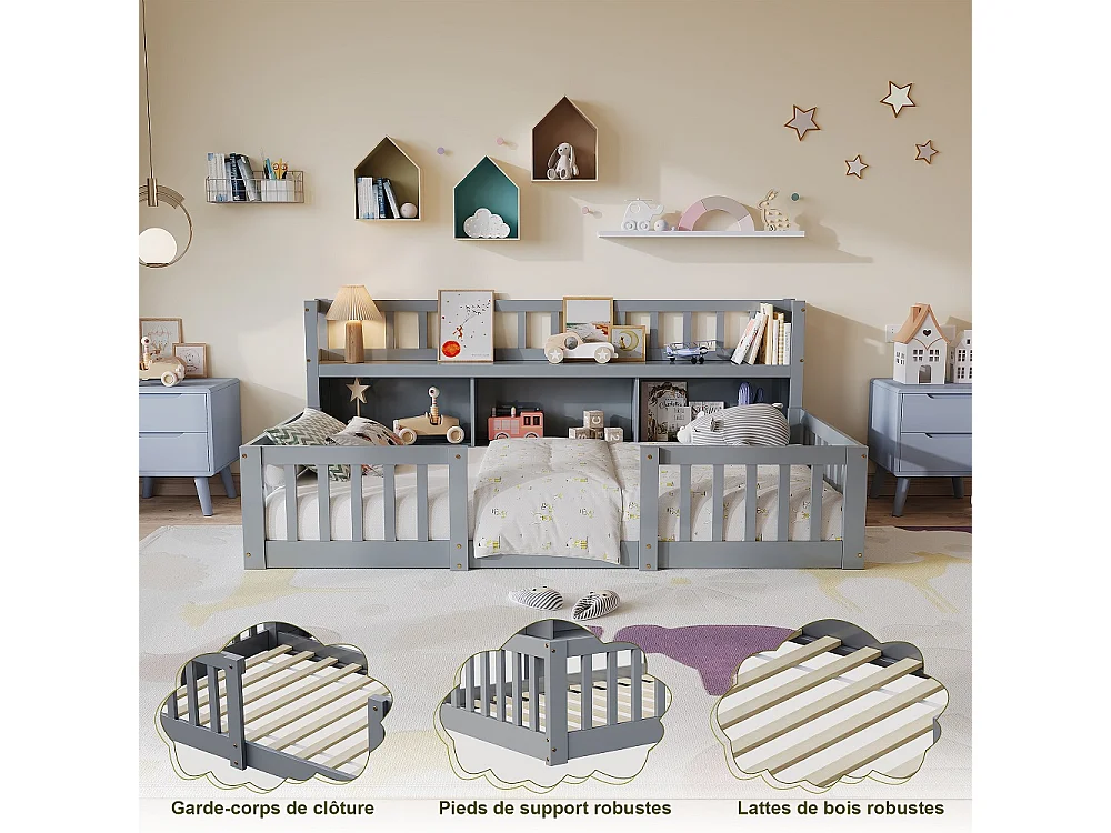 Lit pour enfants - 90 x 200cm - Lit en bois massif avec grille de rangement en couches - Lit bas du plancher au plafond avec rails de sécurité de protection complèt
