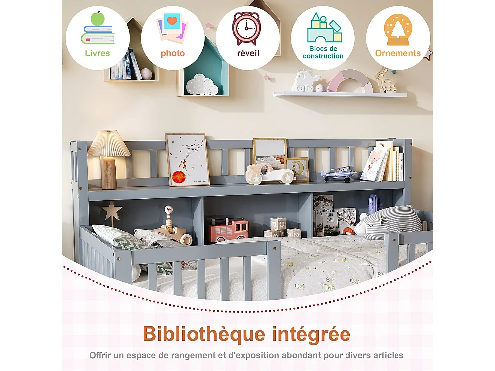 Lit pour enfants - 90 x 200cm - Lit en bois massif avec grille de rangement en couches - Lit bas du plancher au plafond avec rails de sécurité de protection complèt