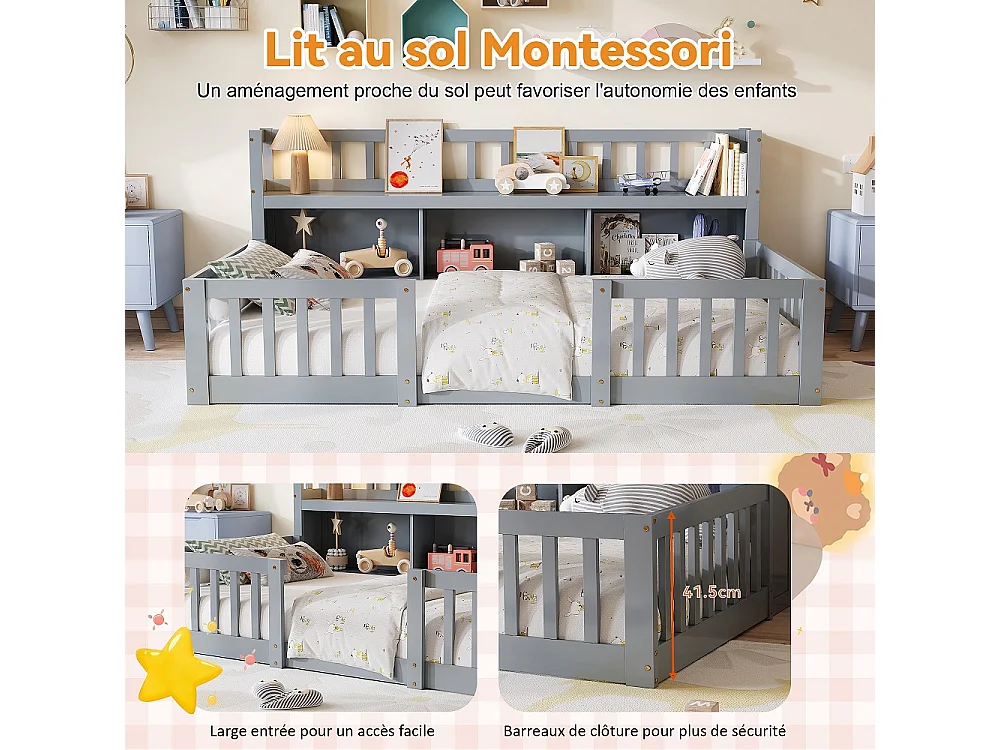 Lit pour enfants - 90 x 200cm - Lit en bois massif avec grille de rangement en couches - Lit bas du plancher au plafond avec rails de sécurité de protection complèt