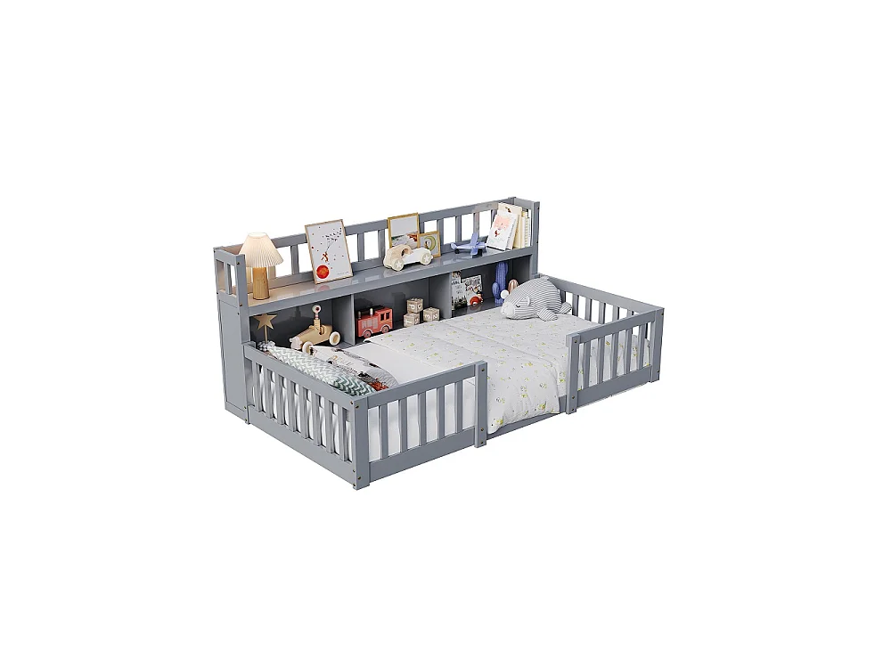 Lit pour enfants - 90 x 200cm - Lit en bois massif avec grille de rangement en couches - Lit bas du plancher au plafond avec rails de sécurité de protection complèt