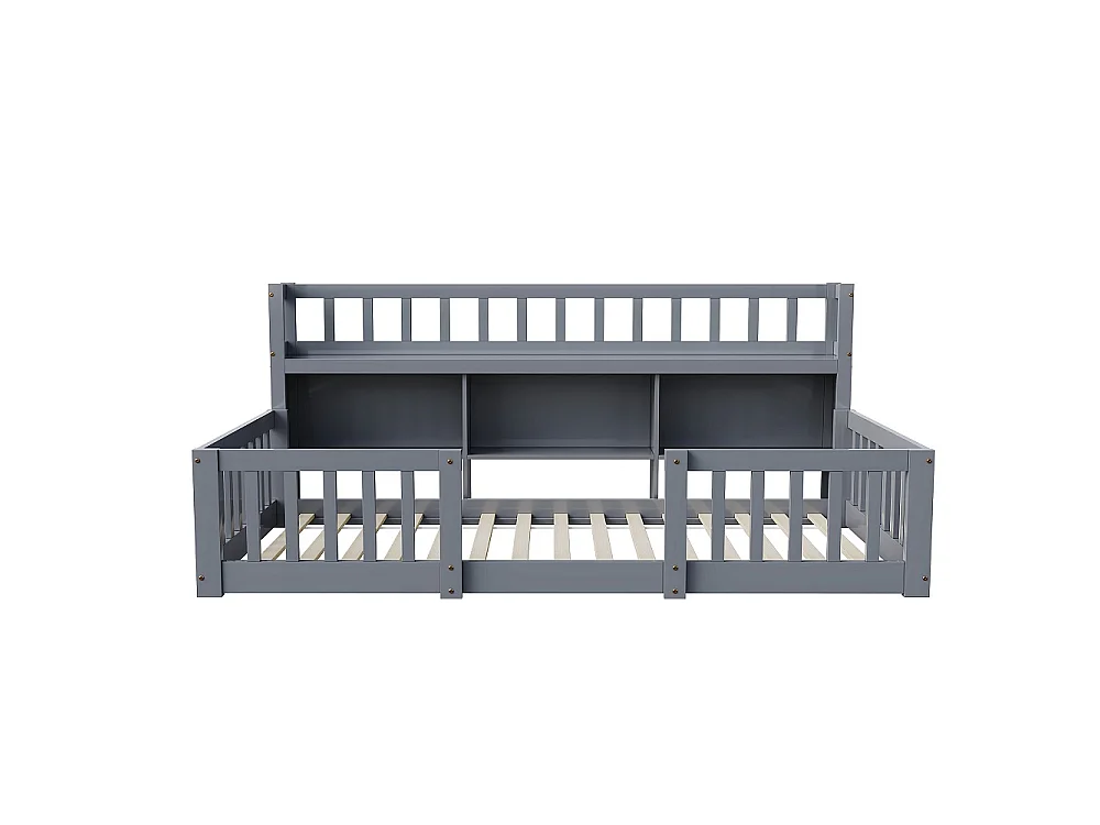 Lit pour enfants - 90 x 200cm - Lit en bois massif avec grille de rangement en couches - Lit bas du plancher au plafond avec rails de sécurité de protection complèt