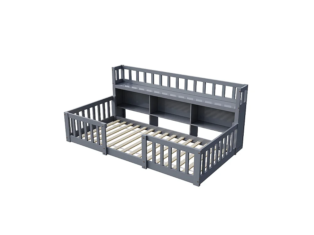 Lit pour enfants - 90 x 200cm - Lit en bois massif avec grille de rangement en couches - Lit bas du plancher au plafond avec rails de sécurité de protection complèt