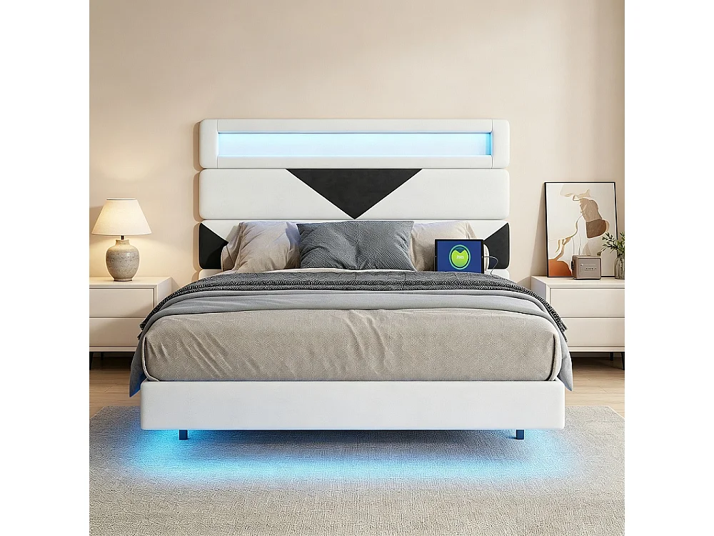 Lit rembourré - 160 x 200 cm - Lit double avec LED et station de charge - Lit flottant à tête réglable - Tissu velours - Beige + noir