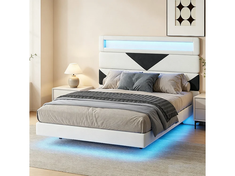 Lit rembourré - 160 x 200 cm - Lit double avec LED et station de charge - Lit flottant à tête réglable - Tissu velours - Beige + noir