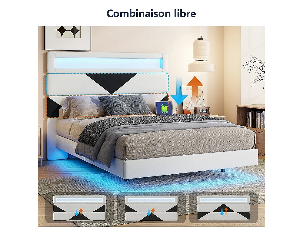 Lit rembourré - 160 x 200 cm - Lit double avec LED et station de charge - Lit flottant à tête réglable - Tissu velours - Beige + noir