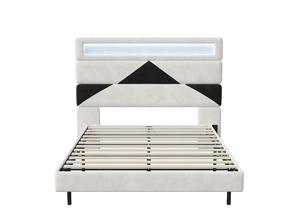 Lit rembourré - 160 x 200 cm - Lit double avec LED et station de charge - Lit flottant à tête réglable - Tissu velours - Beige + noir