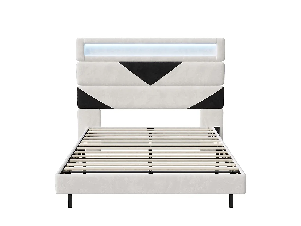 Lit rembourré - 160 x 200 cm - Lit double avec LED et station de charge - Lit flottant à tête réglable - Tissu velours - Beige + noir