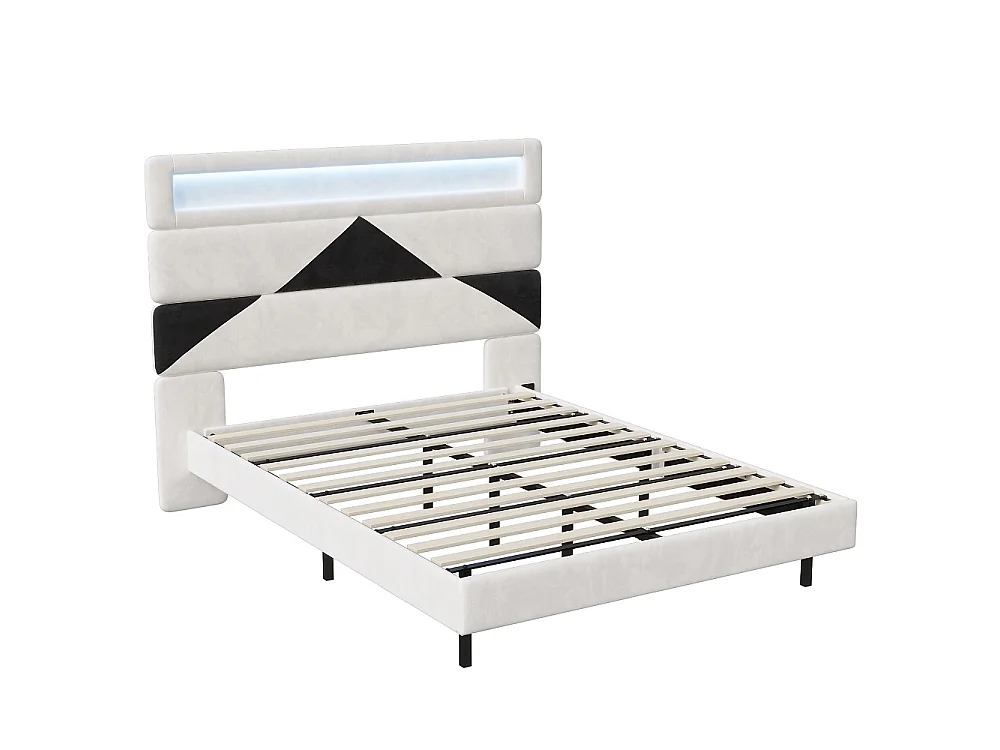 Lit rembourré - 160 x 200 cm - Lit double avec LED et station de charge - Lit flottant à tête réglable - Tissu velours - Beige + noir