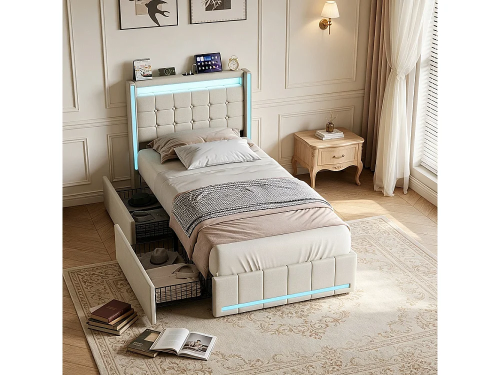 Lit rembourré - 90 x 200 cm - Lit simple avec espace de rangement, LED & USB-C - Lit jeunesse avec 2 tiroirs - Lit de rangement sans matelas - Linge de maison - Bei