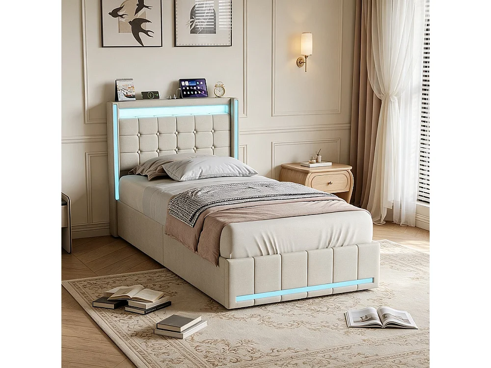 Lit rembourré - 90 x 200 cm - Lit simple avec espace de rangement, LED & USB-C - Lit jeunesse avec 2 tiroirs - Lit de rangement sans matelas - Linge de maison - Bei