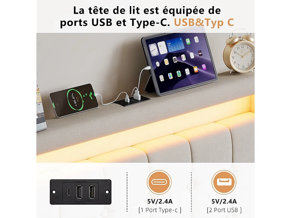 Lit rembourré - 90 x 200 cm - Lit simple avec espace de rangement, LED & USB-C - Lit jeunesse avec 2 tiroirs - Lit de rangement sans matelas - Linge de maison - Bei