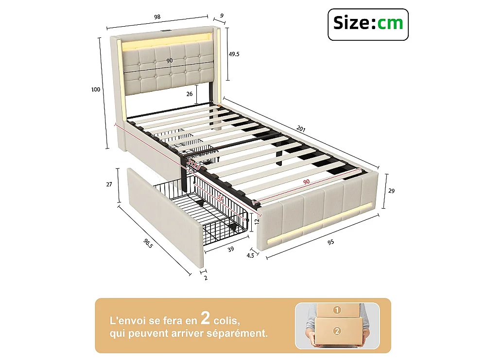 Lit rembourré - 90 x 200 cm - Lit simple avec espace de rangement, LED & USB-C - Lit jeunesse avec 2 tiroirs - Lit de rangement sans matelas - Linge de maison - Bei