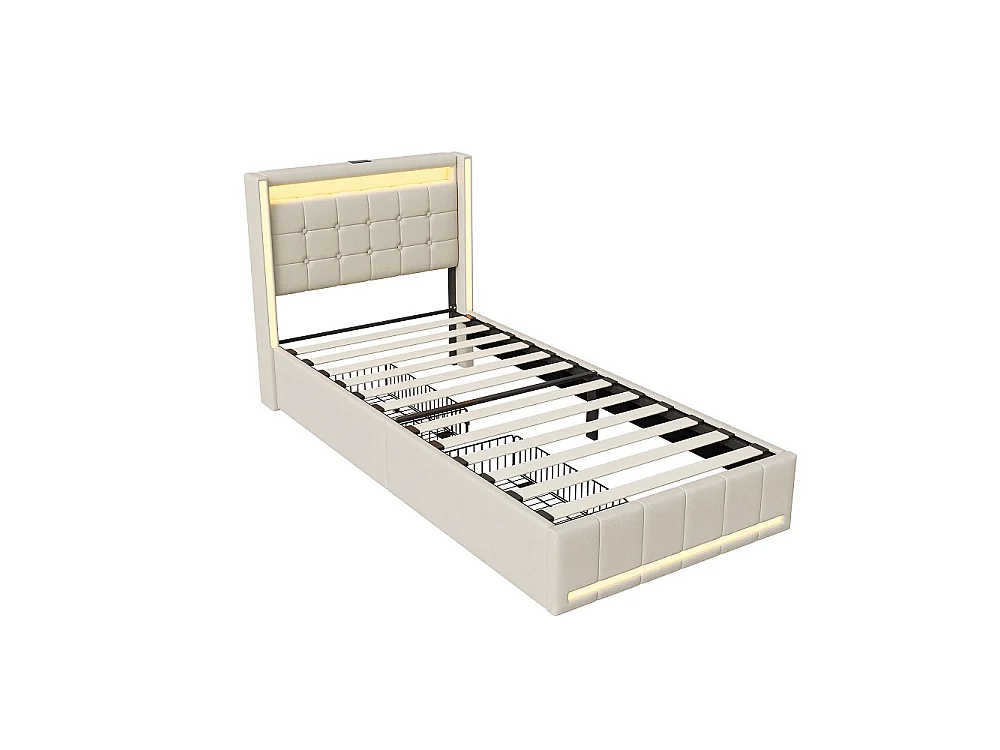 Lit rembourré - 90 x 200 cm - Lit simple avec espace de rangement, LED & USB-C - Lit jeunesse avec 2 tiroirs - Lit de rangement sans matelas - Linge de maison - Bei