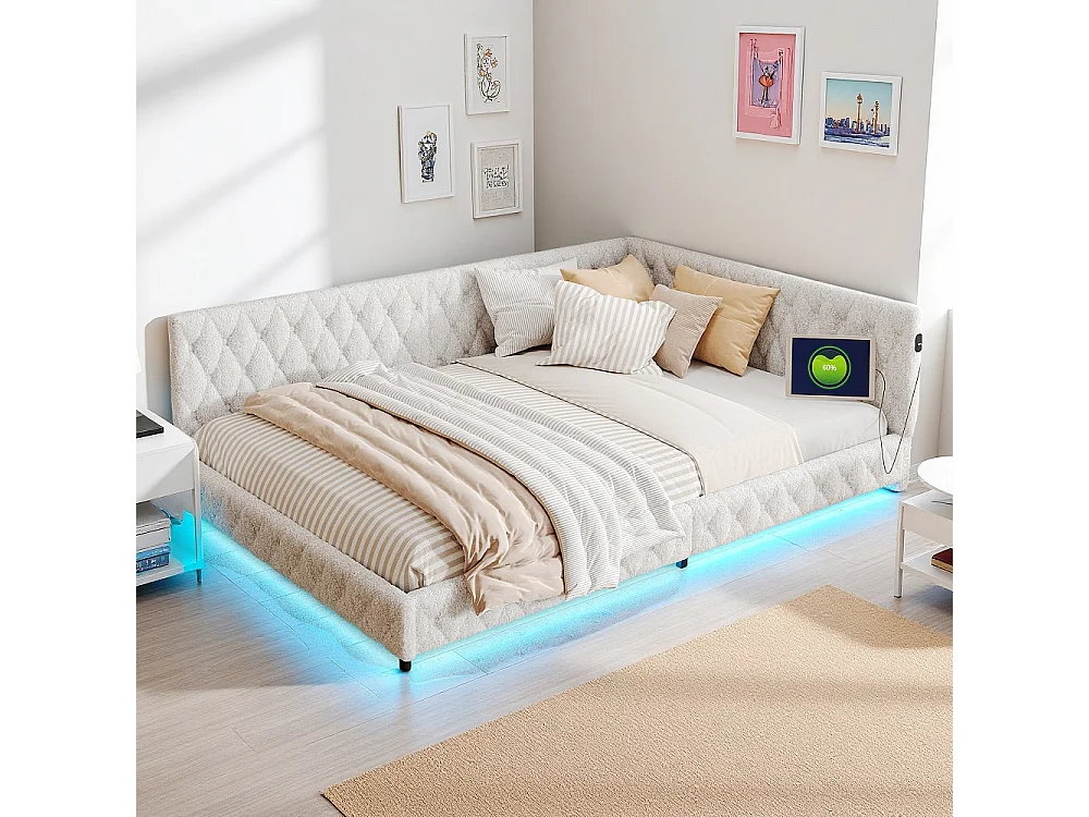 Lit de jour - 140 x 200 cm - Lit d'angle avec port de charge LED et USB - Canapé-lit rembourré en forme de L - Tissu velours en peluche - Beige